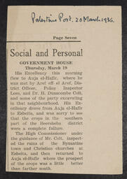 Newspaper cutting from the Palestine Post, 20 March 1936, regarding visit to Auja and Esbeita by the High Commissioner.